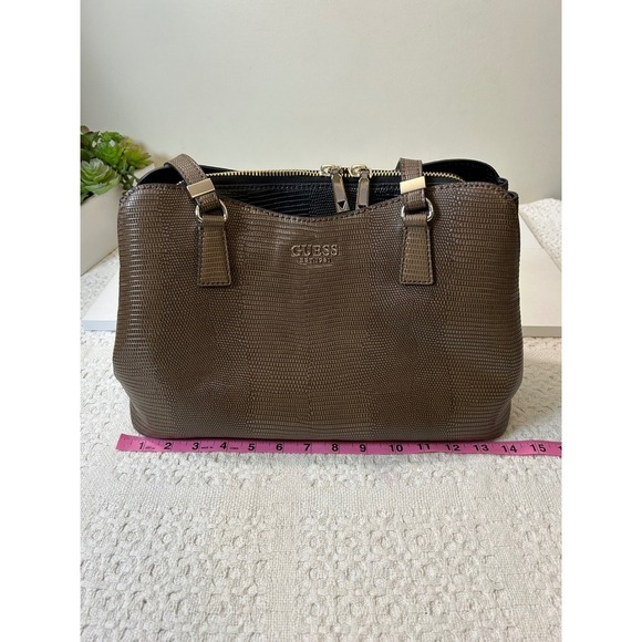 GUESS‎ Satchel Purse Brown Lizard Embossed Faux Leather Top Handle Bag - Picture 13 of 16